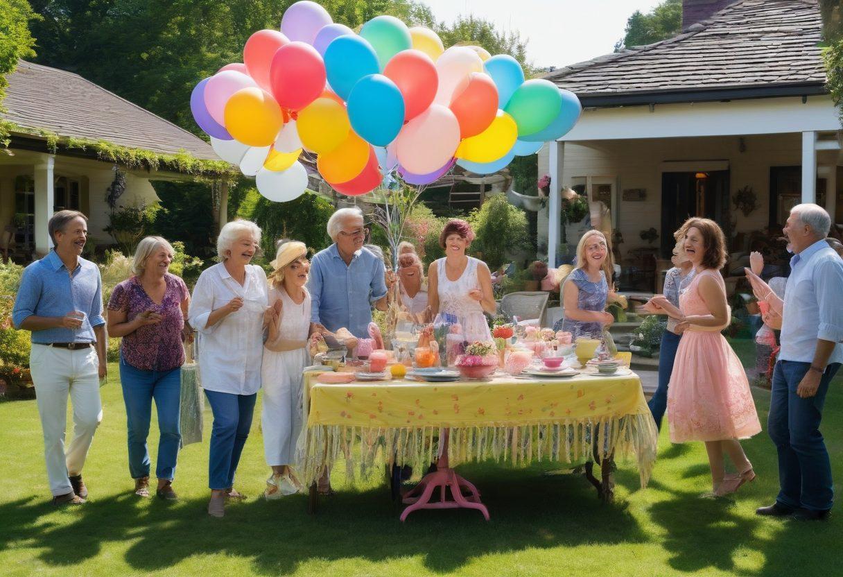 A cheerful scene of diverse people celebrating at a vibrant estate sale, with colorful balloons and banners that say 'Happy Auctions!' in a sunny garden setting. Display various interesting items for sale like vintage furniture and art, with joyful expressions on the faces of both buyers and sellers. Include a warm light illuminating the atmosphere to symbolize joy and happiness. Enhance the picture with pastel colors and a whimsical, inviting style.
