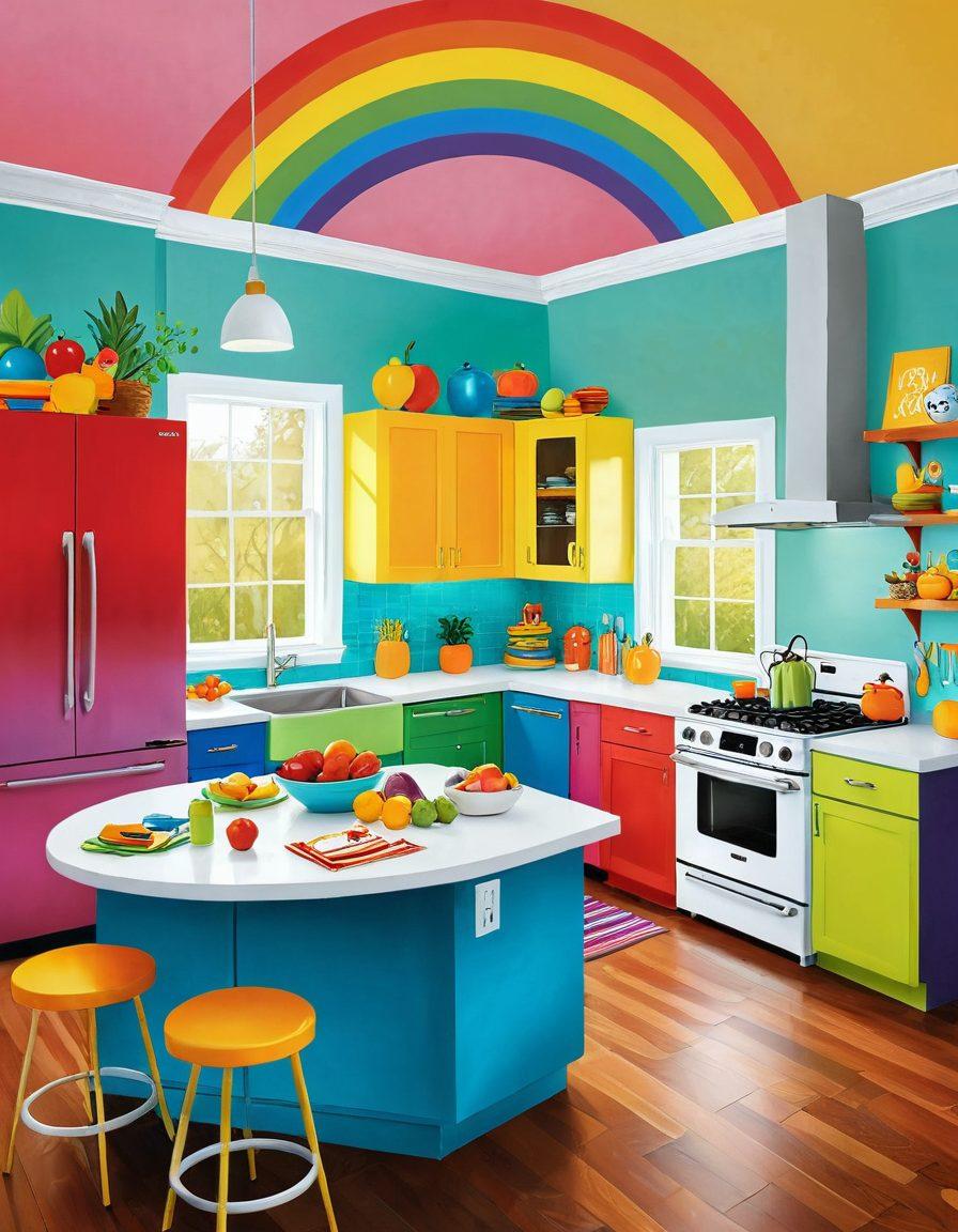 A whimsical kitchen scene where colorful ingredients represent successful realty transactions, with smiling houses as characters and cheerful liquidations as vibrant fruits dancing around. The atmosphere is warm and inviting, with a rainbow overhead symbolizing positivity and joy in real estate dealings. Include playful text bubbles filled with tips and secrets for successful transactions. bright and colorful illustration. playful cartoon style.
