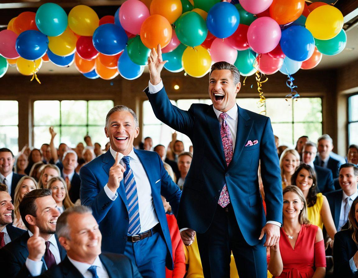 A vibrant scene of a joyful property auction event, showcasing excited bidders raising their paddles amidst a beautifully decorated venue filled with balloons and streamers. Include a welcoming auctioneer in a suit, friendly faces in the crowd, and highlighted properties on elegant displays. Capture the energy and excitement in the atmosphere, with cheerful colors and dynamic expressions. super-realistic. vibrant colors. festive atmosphere.